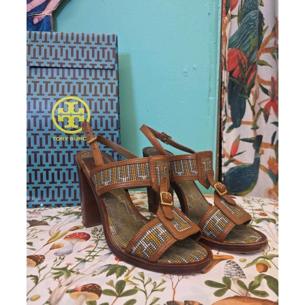 Tory Burch Florian Aztec Block Heel Sandals Tan Leather Ankle Strap Women 9  M